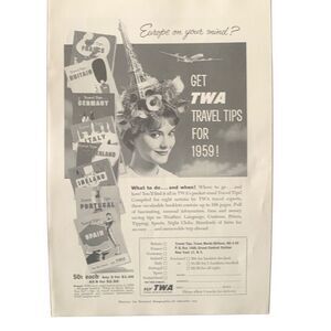 Vintage 1959 TWA Europe on Your Mind Ad Advertisement